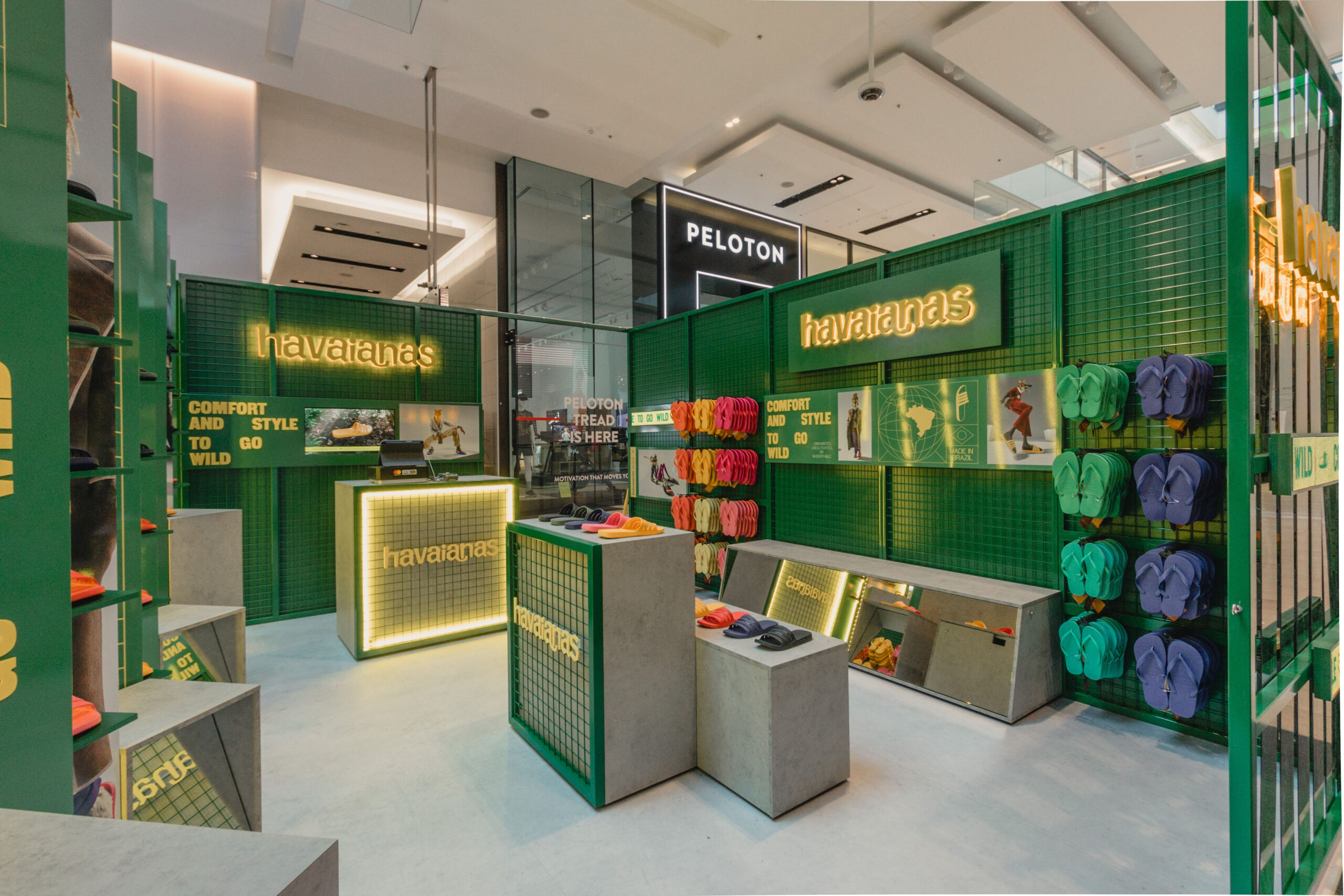 Angled view of entire Havaianas Green and Yellow Pop-up store.