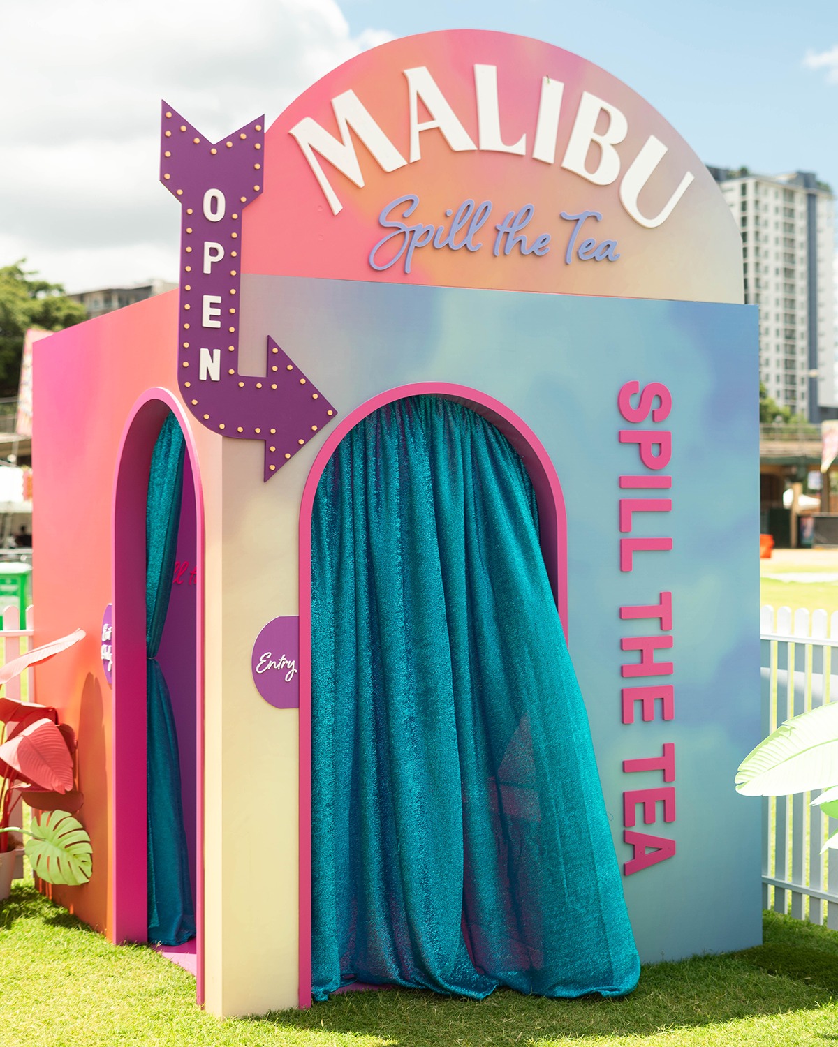 Malibu Set at Laneway Festival. A Colourful Booth Called 'Spill the Tea'.