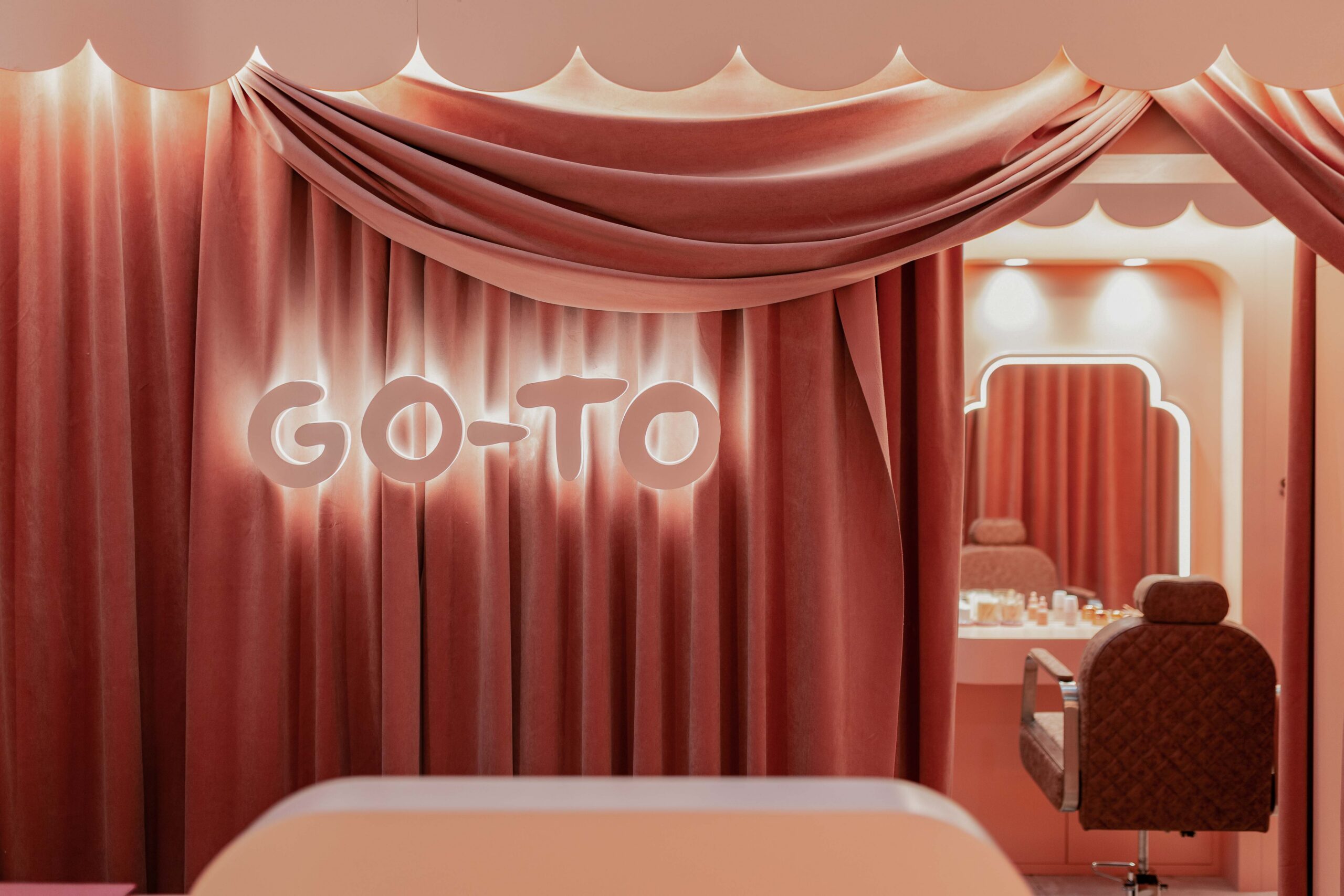 Go-To Very Luxe Entry way. Draped with Luxe velvert curtains and scalloped Pelmets.